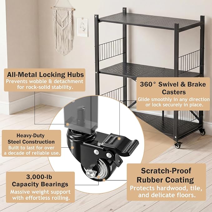 Folding Storage Shelves No Assembly, 3 Tier Metal Foldable Shelves with Wheels, Collapsible Rolling Storage Rack for Laundry Room Garage Small Spaces, Black