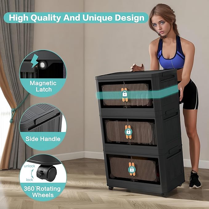 Foldable Storage Cabinet，Plastic Cabinet，Stackable Storage Bins， Open Front with Magnetic Door and Wheels(Black - 5Tiers)