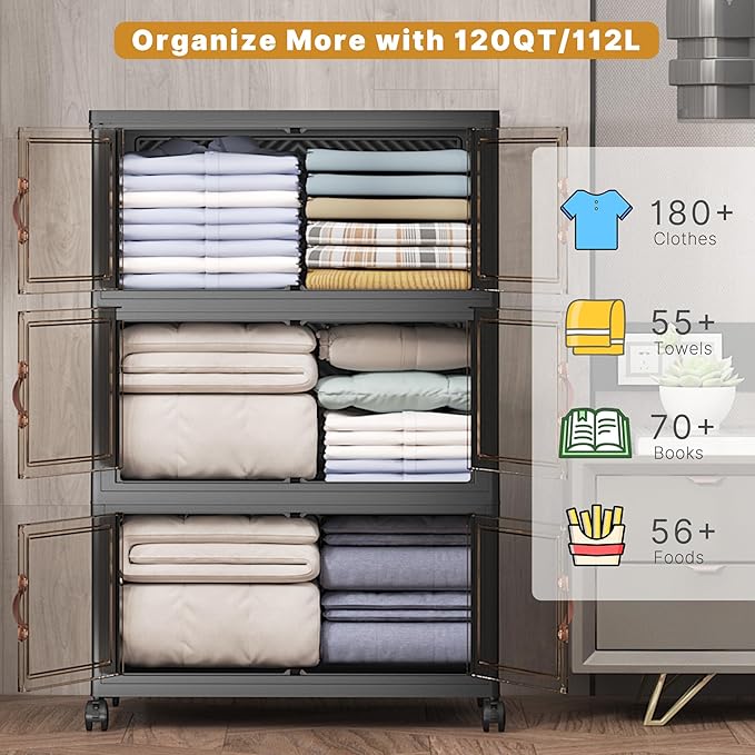 UAMFURI Extra Large Stackable Storage Bins with Lids & Wheels, Foldable Collapsible Closet Organizers Dark Storage Cabinet with Doors for Bedroom Dorm