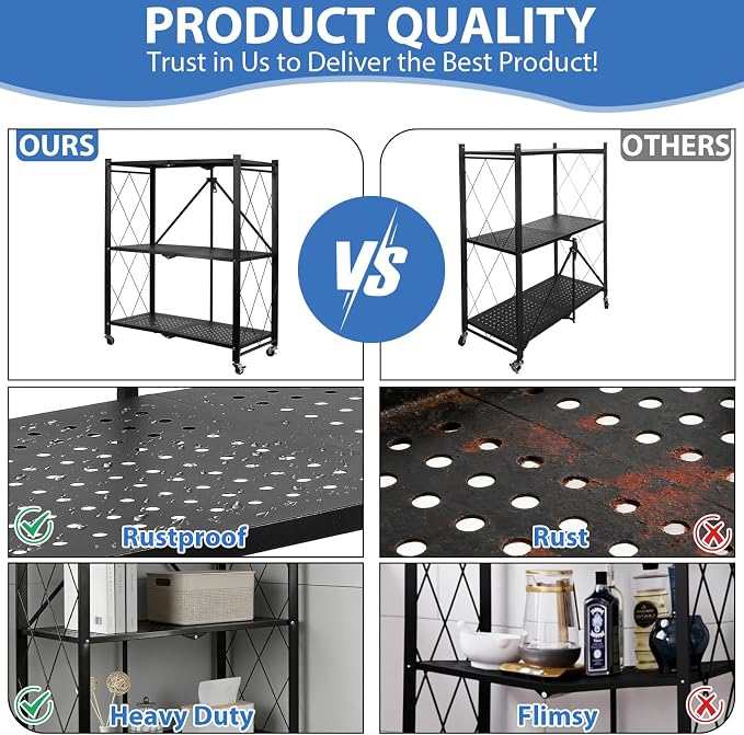 3-Tier Foldable Storage Shelf with Wheels, Heavy Duty Metal Collapsible Shelving Unit, No Assembly Rolling Organizer Rack for Kitchen Pantry Closet Office