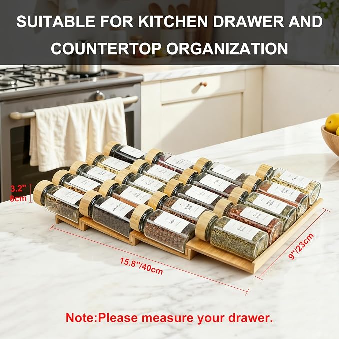 Spice Drawer Organizer with 20 Bamboo-lidded Spice Jars,216 Labels,25 Non-slip Rubber, Bamboo 4 Tier Seasoning Rack Tray Insert for Kitchen Drawers,Cabinets,Countertop,9" Wide x 15.8" Deep