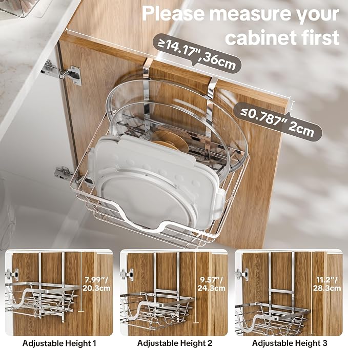 TIDIIABODE Pot Lid Organizer, Adjustable Kitchen Pot Lid Holder Inside Cabinet, Kitchen Cabinet Organizer Hanging for Food Storage Container, Pot, Pan Lid & Bakeware, Sliver
