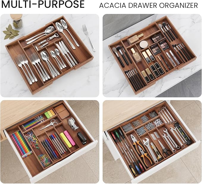 Fibogollo Expandable Kitchen Drawer Organizer,Acacia Wood Silverware Organizer,Adjustable Flatware Tray for Utensils(16.93 * 13.19~22.44 * 1.97)