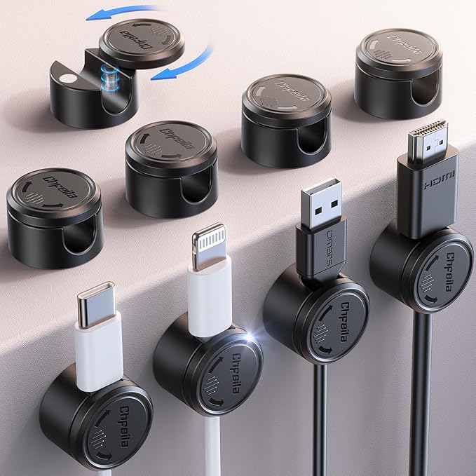 9 Pack Cord Organizer, Chfeila [360°Rotating Twist-Lock] Magnetic Cable Management Clips, Adhesive Phone Charging Keeper Wire Cord Holder for Nightstand/Car/Wall, Office Desk Accessories Decor (Black)
