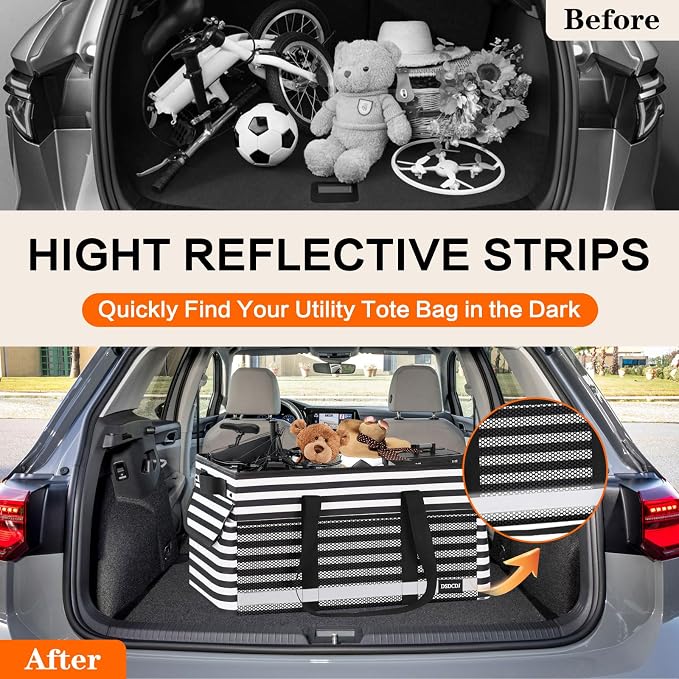 Extra Large Utility Tote Bag with Reflective Strip, Standing Reusable Grocery Bags with Hard Bottom, Collapsible Utility Tote with Handles for Shopping, Beach, Picnics, Car, Striped Black