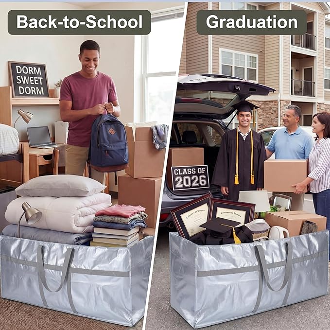 4 Pcs 96 Gallon Extra Large Moving Bags Heavy Duty Storage Bag with Strong Zipper Handle Foldable XXL Jumbo Storage Tote Packing Moving Box for College Dorm Travel Cloth Duffle (Silver)