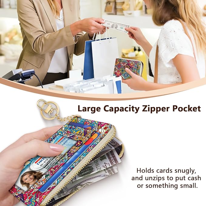 GIANCOMICS Slim Wallet Credit Card Holder Women, Boho Bohemian Mandala Rfid Blocking Small Card Case, Keychain Thin Pocket Curved Zipper Wallet, Travel Card Holder PU Leather, Ladies Female Gifts