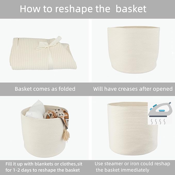XUANGUO Cotton Rope Woven Basket, 16x14 in Kids Laundry Basket, white | Round blanket basket and small laundry basket; baby hamper or nursery storage bin for girls, boys, toys, clothes and shoes