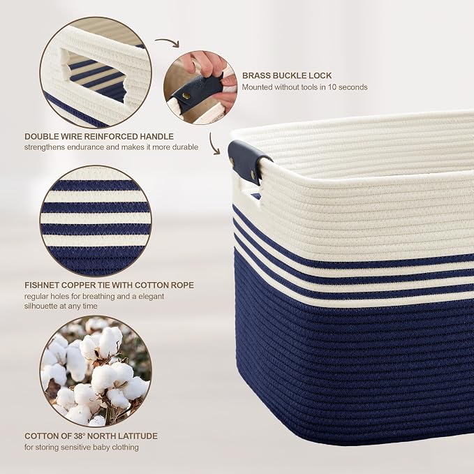 86L Large Woven Laundry Basket Hamper with Leather Handles,Navy | 24"x16"x14", collapsible wicker hamper, storage for dirty clothes, toys, blankets, gifts, living room, bedroom, bathroom