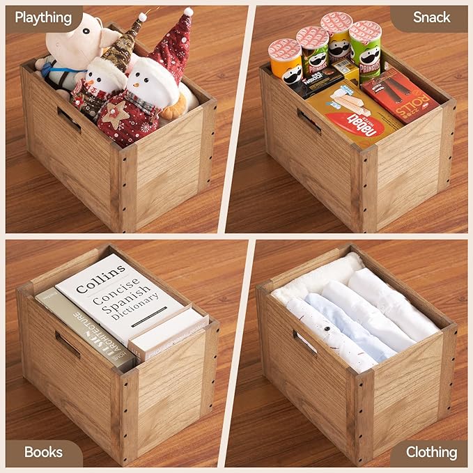 KIRIGEN Stackable Wood Storage Cube with Handles, Open Cubby Bin, Brown | Open-Front Wooden Crate Box for Books, Clothes, Shoes, Closet Storage, and Display for Home Office, Assembly Required