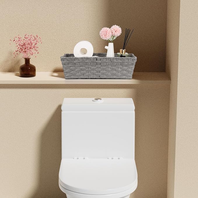 2-Pack Plastic Wicker Toilet Paper Baskets, 15.75"x6.75"x4.75", Grey | Versatile woven bins for bathroom, toilet tank, shelf organization, and home decor.