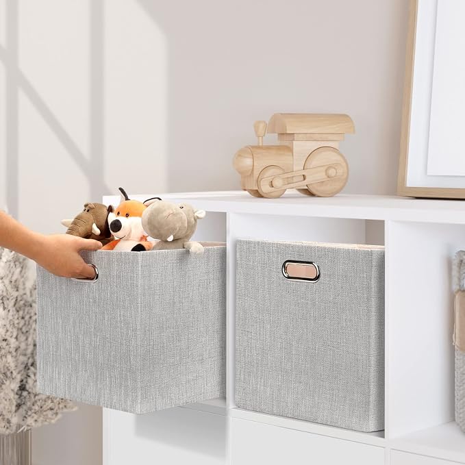 Posprica 13x15x13in Collapsible Storage Bins, Fabric Foldable Cube Storage Boxes, Decorative Storage Baskets Organizer for IKEA Kallax, Shelves, Closet, Clothes, Set of 4-Grey