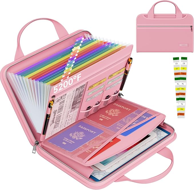 Tamfile Fireproof Accordion File Organizer with Handle, 13 Pocket Colorful Expanding File Folder with Zipper & Labels, File Folder with Multi-Pockets Paper Organizer Folder for Letter A4 Files (Pink)