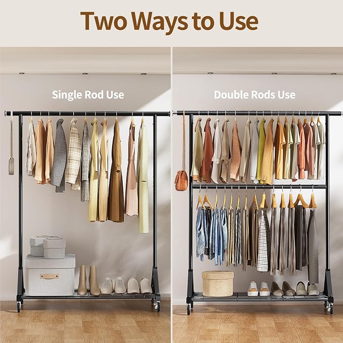Luxspire Heavy Duty Clothes Rack Load 600 LBS, Double Rod Clothing Rack, Rolling Garment Racks with Lockable Wheels, Shelves, Adjustable Laundry Hanging Racks for Clothes, Black