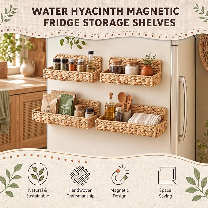Lineshading 4 Pack Water Hyacinth Magnetic Spice Rack for Refrigerator, Magnetic Shelf for Fridge, Spice Rack, Woven Water Hyacinth, Rustic Boho Kitchen Organizer