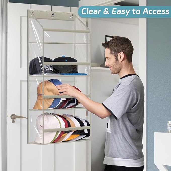 AOODA Clear Over the Door Hat Racks for Baseball Caps, Hold 48 Caps Hat Storage Organizer for Closet Wall, Deep Pockets Hanging Snapback Holder Shelves with 3 Hooks, Grey