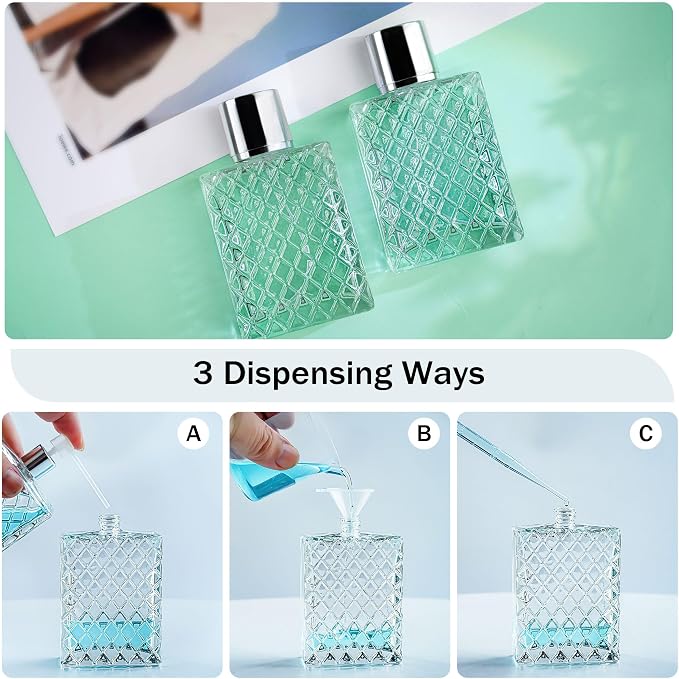 YU FENG 2 Pack Perfume Spray Bottles, 100ml/3.4oz Refillable Glass Atomizer | Diamond Pattern Clear Glass Bottle, Fine Mist Spray, Empty Cologne Container, Essential Oil & Travel Perfume Atomizer