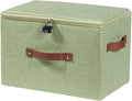 Storage Bins Boxes with Zipper Lid Combination Lock PU Leather Handles Cotton Linen Fabric Lidded Lockable Baskets Foldable Washable Closet Shelf Organizer Container (Light Green, Large)