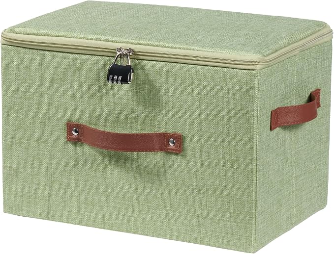 Storage Bins Boxes with Zipper Lid Combination Lock PU Leather Handles Cotton Linen Fabric Lidded Lockable Baskets Foldable Washable Closet Shelf Organizer Container (Light Green, Large)
