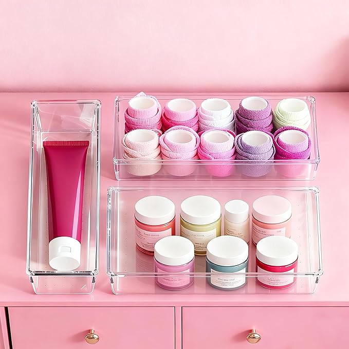 Criusia Large Drawer Organizer Bins 26 Pack | Complete 5 Size Clear Plastic Kitchen Drawer Organizers for Utensils | Bathroom Drawer Organizer Trays | Versatile for Makeup Office Organization