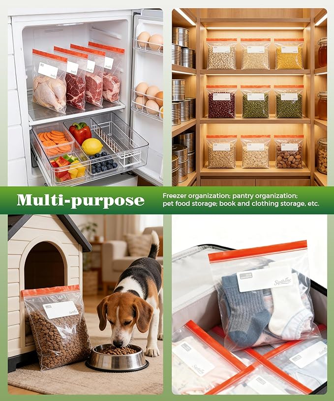 Gallon Food Storage Freezer Bags 200 Count, Heavy Duty & BPA Free Gallon Bags with Double Zipper Seal, Write On Labels, Kitchen and Meal Prep Baggies, Non Stand Up Design | Leakproof Seal, Locks in Freshness