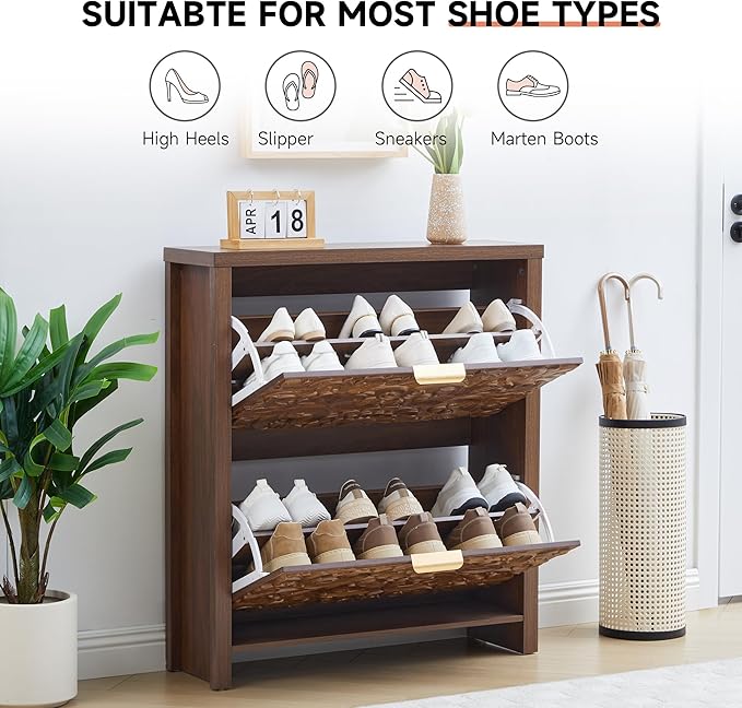 weselon Shoe Cabinet with Flip Drawers, Narrow Shoe Storage Cabinet, 2-Tier Hidden Shoe Organizer with Carved Floral for Entryway, Mid-Century Modern Slim Shoes Storage for Hallway Foyer (1, Walnut)