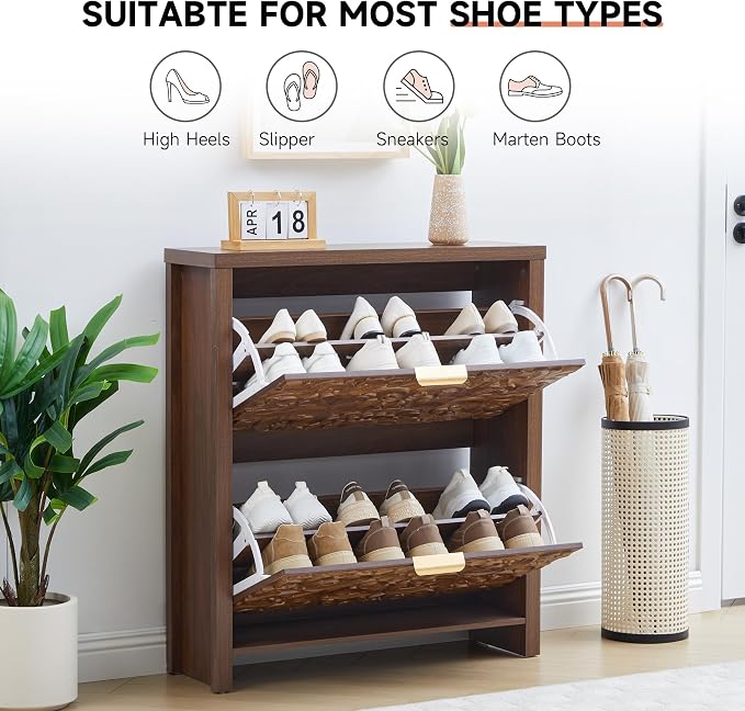 weselon Flip Drawer Shoe Cabinet Set of 2, Narrow Shoe Storage Cabinet, 2-Tier Hidden Shoe Organizer with Carved Floral for Entryway, Slim Shoes Storage for Hallway Foyer (2, Walnut)