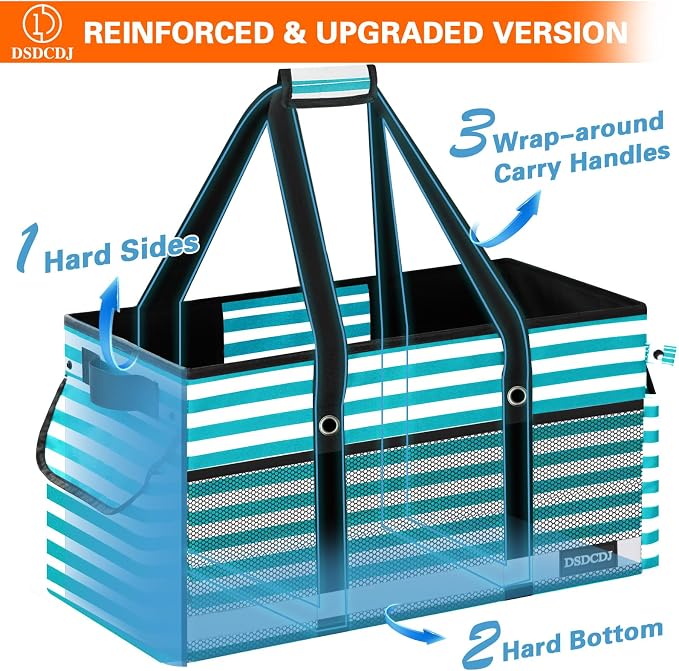 Extra Large Utility Tote Bag with Reflective Strip, Standing Reusable Grocery Bags with Hard Bottom, Collapsible Utility Tote with Handles for Shopping, Beach, Picnics, Car, Striped Green