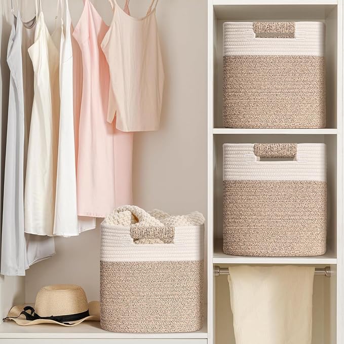12 Inch Storage Cubes, 3 Pack Cube Storage Bins for Organizing, Cotton Rope Woven Baskets for Shelves, Bathroom, Kids Room, Closets, Baby Nursery