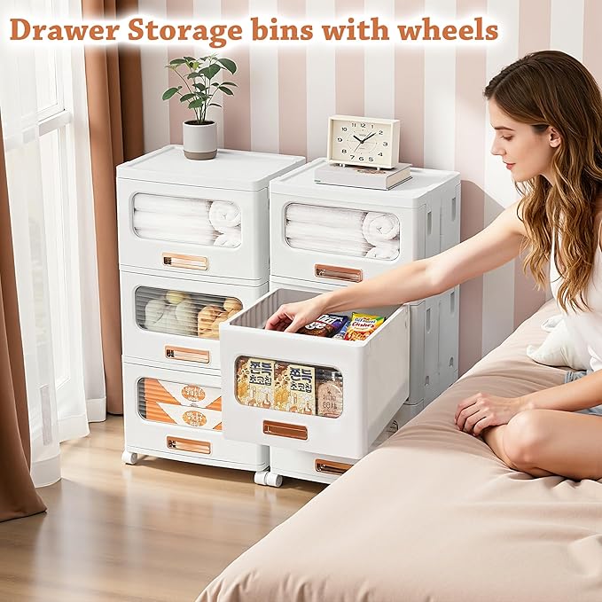 VECELO Storage Cabinet with Drawer, Pull-Out Stackable Bins with Wheels, Waterproof Modular Organizer, Multi-Tier Closet Storage for Bedroom, Living Room & Bathroom, Medium 3-Tier