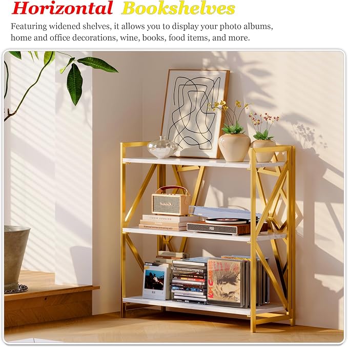 UDD No Assembly Wide Folding Bookshelf, 34" H x 30.9" W, 3 Tier Foldable Book Shelf Industrial Bookcase, Vintage Collapsible Storage Shelves for Home Office Living Room Bedroom, White Gold