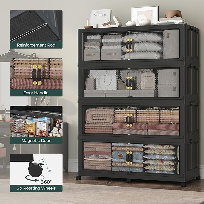 1200QT Extra Large Stackable Storage Bins with Lid & Wheels & Doors, 300Gal Foldable Collapsible Closet Organizers, Plastic Cabinet Box Container Drawer for Home Kitchen Bedroom, 5Pack Black