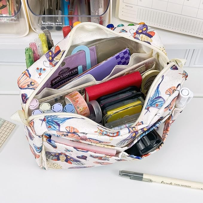 Portfolio Organizer with Multiple Pockets, Waterproof Travel Zippered Toiletry Bag, Portable Storage Pencil Pouch for Notebooks, Stationeries, Make-up, Journal Office Art Supplies.White Moth