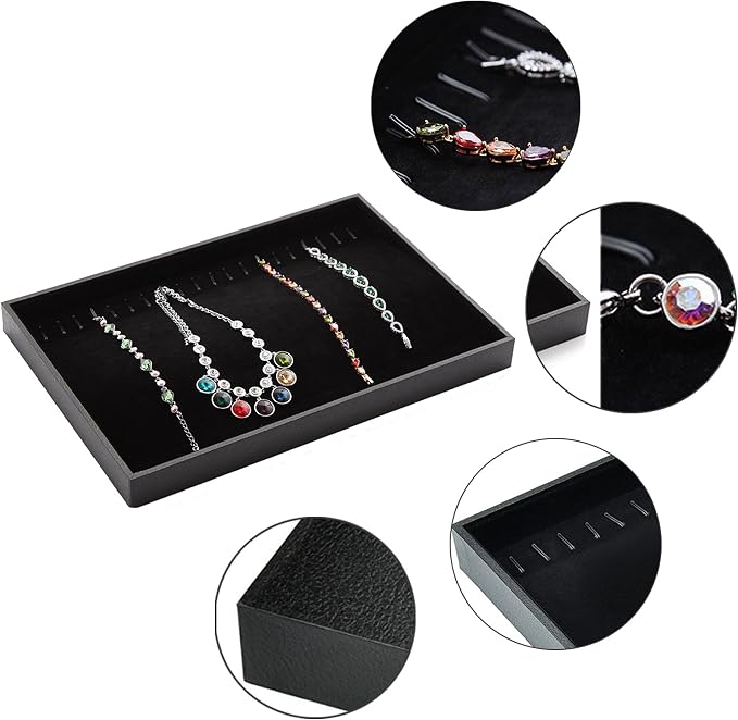Stratalife 20 Hooks Necklace Organizer Tray, Stackable Jewelry Organizer for Women, Velvet Jewelry Display Storage Tray for Necklace Bracelet, 13.8" x 9.4" x 1.2", Black