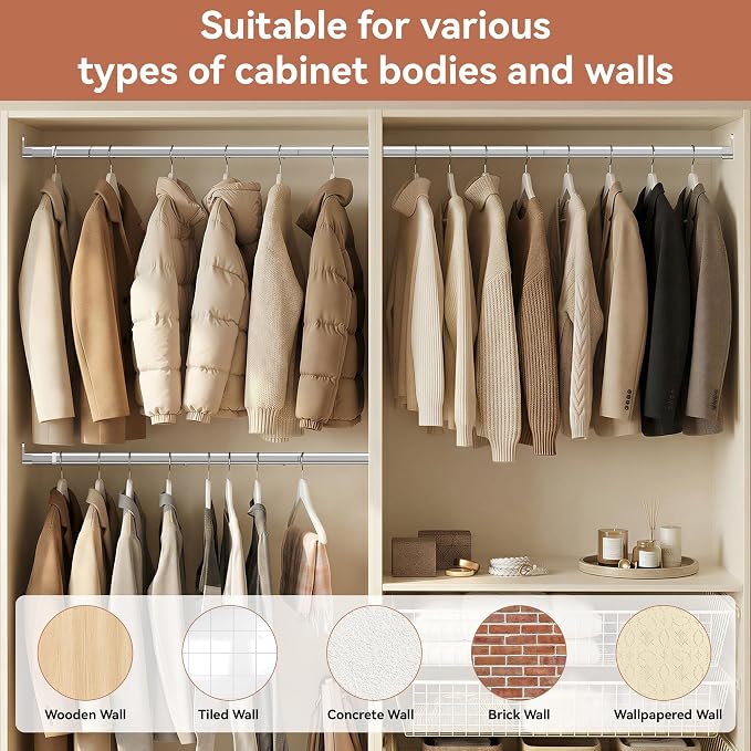 Oval Closet Rod 18-52 Inch Adjustable Closet Rods for Hanging Clothes Heavy Duty Silver Poles Bar with End Supports Rust Proof Wardrobe Rod for Laundry Room RV