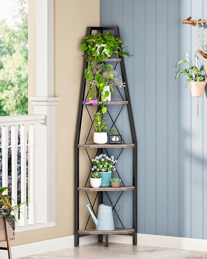 CHOEZON 5-Tier Corner Shelf, Corner Bookshelf, Ladder Shelf, Floor Standing Storage Rack, Open Display Stand, Plant Stand, for Living Room, Bedroom, Study, Bathroom, Greige and Black TCJ22BG