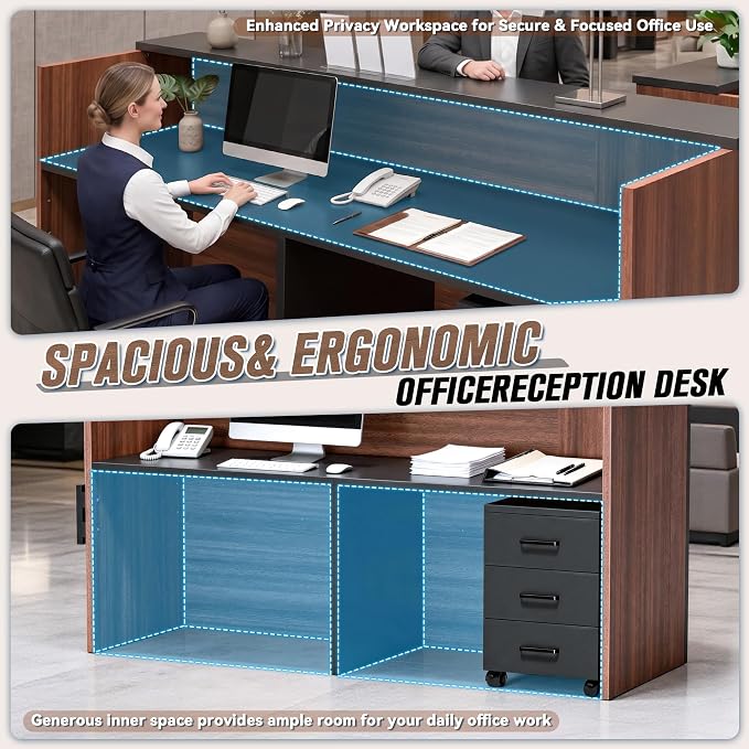 Ceridwen L‑Shaped Reception Desk with LED Ambient Lights & Mobile File Cabinet, Modern Black & Brown Front Desk Reception Counter with Lockable Drawers for Office, Salon & Retail