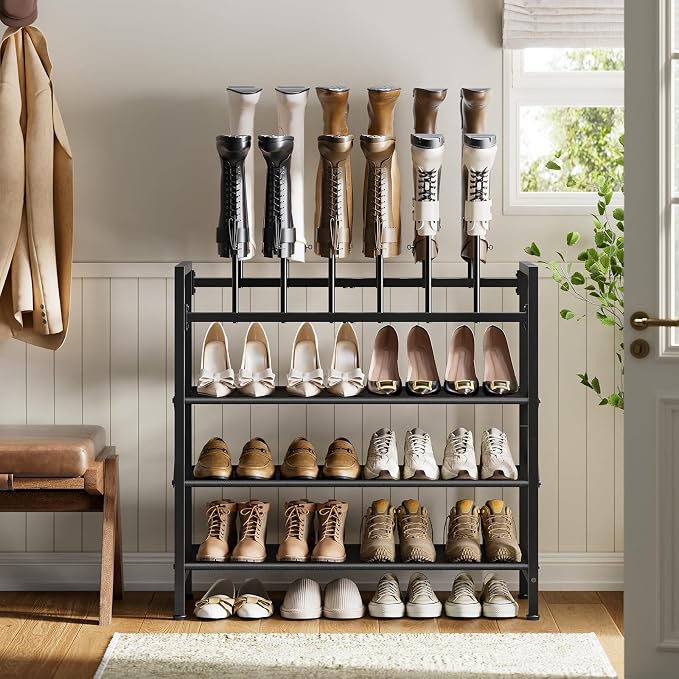 Free Standing Shoe Racks, 5-Tier Boot Rack Organizer for Tall Boots, Sneakers, High-Heel, Black Metal Shoe Storage for Dorm Room, Closet, Entryway, Hallway, Black, Holds 6 Pairs