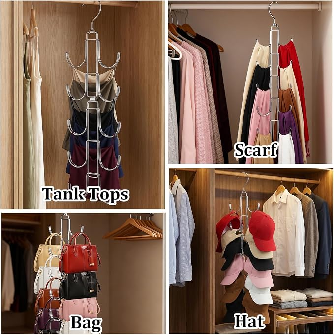 4 Pack Purse Organizer for Closet, Purse Hanger with 10 Big Hooks, 360 Degree Rotation Bag Holder for Organizer Display, Foldable Space Saving Hangers Rack for Handbag, Belt, Scarve, Tie