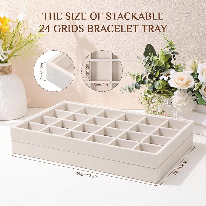 Unittype Set of 4 Stackable Jewelry Organizer Tray for Drawer Inserts Velvet Necklace Earring Bracelet Ring Holder Jewelry Display Storage Box for Bangle Stud Necklace Ring(24 Grid,Beige)