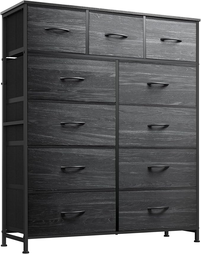 WLIVE Tall Dresser for Bedroom, Fabric Dressers Storage Tower, Dresser & Chest of Drawers with 11 Drawers, Storage Cabinet, Hallway, Closets, Steel Frame, Wood Top, Charcoal Black Wood Grain Print