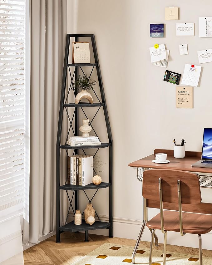 CHOEZON 5-Tier Corner Shelf, Corner Bookshelf, Ladder Shelf, Floor Standing Storage Rack, Open Display Stand, Plant Stand, for Living Room, Bedroom, Study, Bathroom, Black TCJ22BB