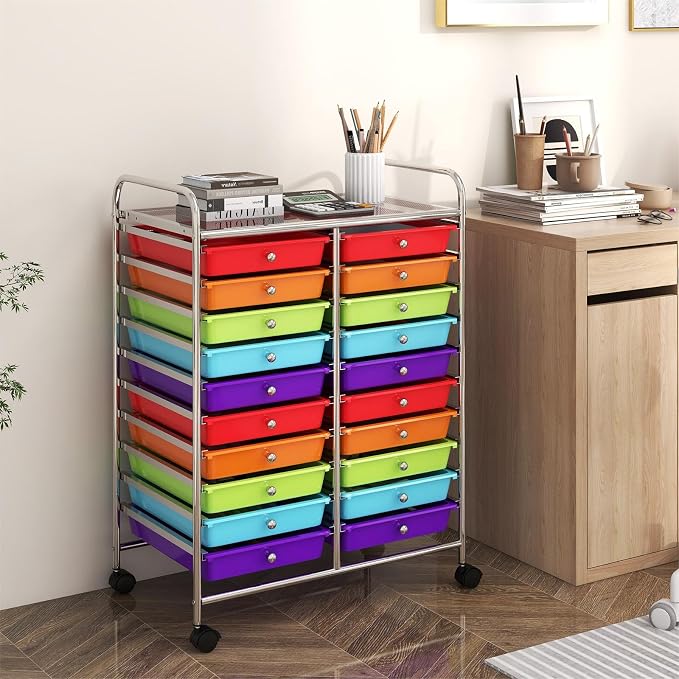 DREAMADE Rolling Cart with Storage Drawers, Utility Cart with Removable Plastic Drawers, Lockable Wheels, Art Cart for Classroom Organization Art Supplies Office Scrapbook (20 Drawers, Multi-color)