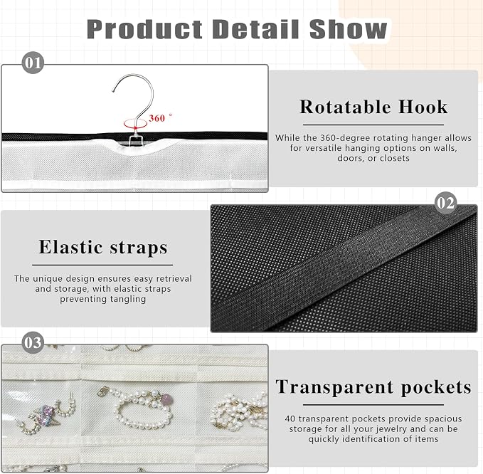 Hanging Jewelry Organizer for Necklaces Earrings, 1-Pack, Black and White | Foldable Double-Sided 36 hooks & 40 clear pockets; swivel hook fits walls, doors & rods for earrings, bracelets, rings