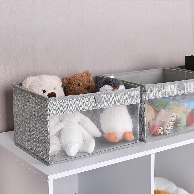WUIKE 3 Pack Large Fabric Storage Baskets with Window, Herringbone Gray | Foldable Closet Storage Bins with Handles for Clothes, Towels, Blankets, Shelves and Linen Closet Organization