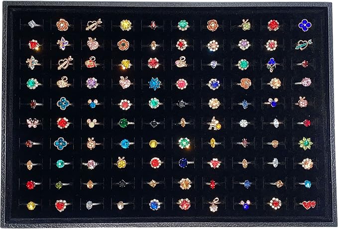 Stratelife 100 Slots Ring Organizer Tray, Stackable Jewelry Storage Display for Drawer, Velvet Jewelry Holder Case for Ring Earring Stud, 13.8" x 9.4" x 1.2", Black
