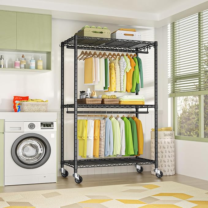 FUTASSI P3 Plus Rolling Clothes Rack, Clothing Racks for Hanging Clothes, Heavy Duty Garment Rack with Wheels, Freestanding Portable Closet Racks 45" W x 14" D x 78.5" H, Max Load 480 LBS, Black