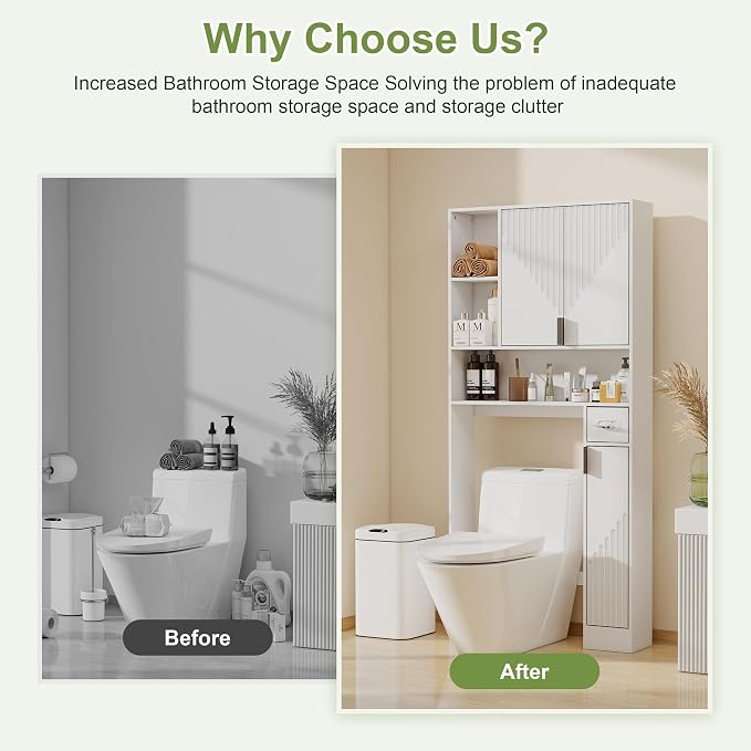 GOODONE White Over The Toilet Storage Cabinet - with 3 Doors and Toilet Paper Holder Stand, FreeStanding, for Bathroom, Restroom, Laundry