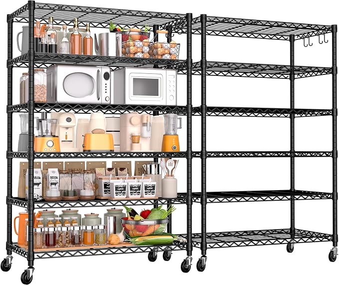 PrimeZone 6 Tier Wire Shelving with Wheels 78''H 1500lbs Storage Shelves NSF Certified Heavy Duty Steel Metal Shelf Adjustable Rolling Rack Kitchen Garage Closet Pantry Laundry 78''HX36''WX18''D 2Pcs