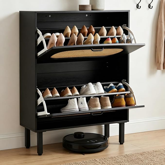 SUNCROWN Shoe Storage Cabinet with 2 Flip Drawers, Freestanding Narrow Shoe Rack Organizer for Entryway, Natural Semi-Circular Rattan Doors with Adjustable Shelves, Black